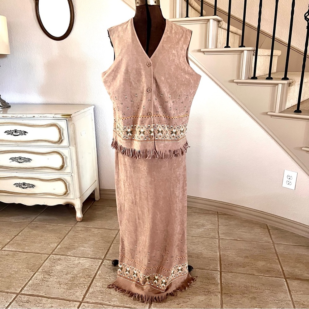 VINTAGE Notations Womens Sz Large Pull On Southwest Skirt & Vest Set Tan Fringe